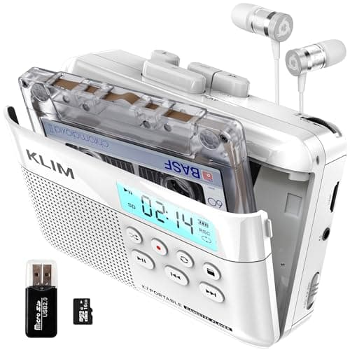KLIM K7 Cassette Tape Player - Cassette to MP3 Converter - Portable - Built-in Microphone & Speaker - Rechargeable Battery - Earphones - 16GB SD Card - White
